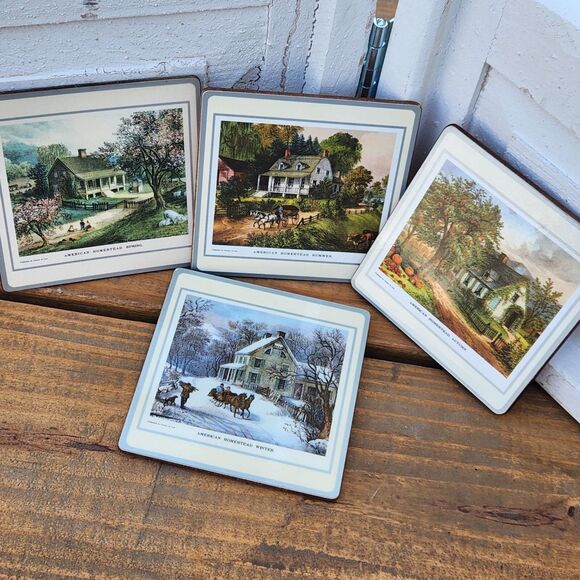 Vintage Currier & Ives Hometown Season Pictorial Collage Coaster Set Cork Back - Picture 1 of 9